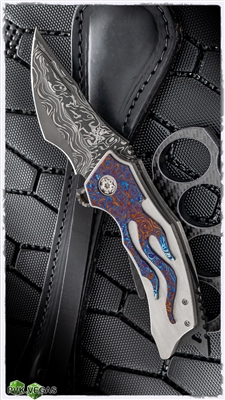 BURN Knives Custom Tomahawk Damascus Stelite Core with Timascus Inlay & Pocket Clip