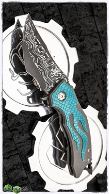 BURN Knives Custom Tomahawk Damascus Stelite Core with Aqua Dragon Inlay