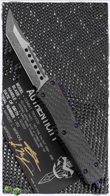 Marfione Custom Combat Troodon Hellhound Two-Tone Fallout Finish Blade Carbon Fiber Top w/ Purple Ringed HW SN003