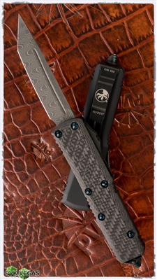 Microtech UTX-85 T/E 233-16CFTI CF Top Damascus Blade & Blue Titanium Hardware SN003