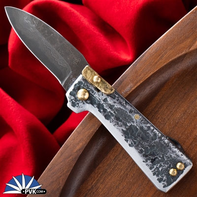 Aaron Creative Company, Blacksmithâ€™s Automatic Series, San Mai Damascsu Blade, 80CRV2 Core Blade, Mild Steel Handles, Brass Accents