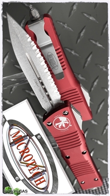 Microtech Combat Troodon D/E 142-12RD Stonewash Full Serrated Blade Red Handle