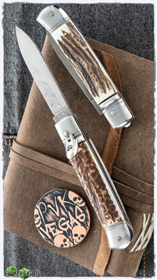 AKC 8" Italian Stiletto Leverlock Stag Automatic Knife