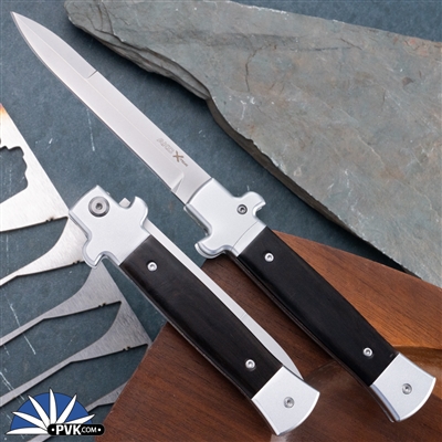 AKC X-treme 9" Shadow Switchblade (Bolster Release) Stonewash Bayonet, Ebony Wood Scales.