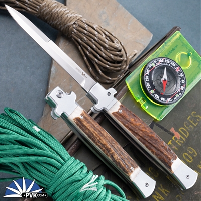 AKC X-treme 11" Shadow Switchblade (Bolster Release) Polished Bayonet, Stag Scales.