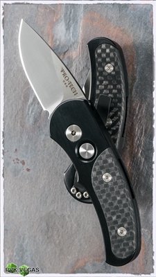 Protech J4 Runt Auto 4404 Black Handle Carbon Fiber Inlay Silver Drop Point Blade