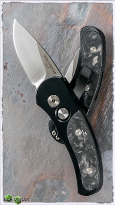 Protech J4 Runt Auto 4404M Black Handle Marble Carbon Fiber Inlay Silver Drop Point Blade