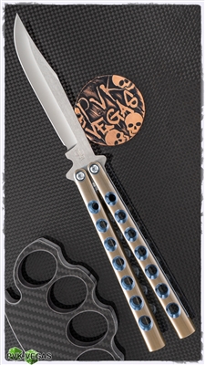 BaliBalistic Channel Cut Titanium Latch-less Bowie Clip Blade Balisong Blue & Bronze