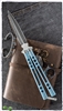 BaliBalistic Channel Cut Anodized Blue Titanium Latched Double Edged Damascus Blade Balisong