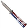 Bear OPS Bear & Son 5 in Butterfly 117RWBSW Red Blue Handles White Latch Stonewash Clip Point