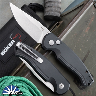 Boker Plus Vox Karakurt Automatic Knife, 3" Stonewash 154CM, Black Aluminum Handle