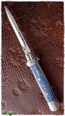 BURN Knives Italian Stiletto Steel Chassis AB Inlay Bayonet w/ Blue Giraffe Scales