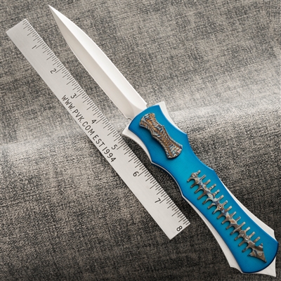 BURN Knives Phantom Razor D/A OTF Satin Blade Blue Anodized Chassis With Flamed Ti Spinal Cord