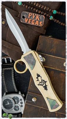 BURN Custom OTF Tomb Raider "Nightmare" D/E Brass Chassis 154CM Blade Black Lip Pearl Inlays Silver Skull Inlaid Button