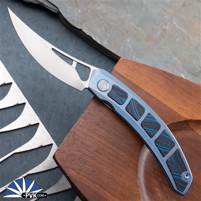Cavol Knives Kamasu Front Flipper M390 Bead Blast Blade, Blue Titanium Handle W/ Blue Gmascus - C06BCE