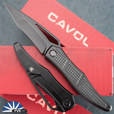 Cavol Knives Riback M390 Black Stonewash Blade, Black Titanium Handle W/ Green Patches - C07GRDW