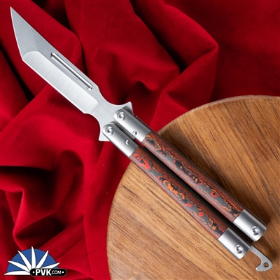 ExtremAddiction Sergey Rogovets B3 Balisong CTS-XHP Satin Tanto Blade, Titanium Handles With Red Lava Carbon Fiber Inlays, Latched