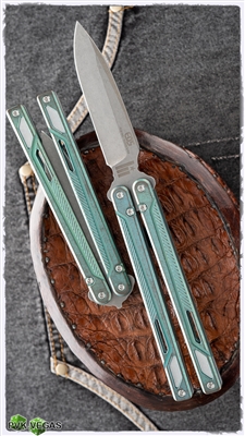 EOS Balisong Darkened Tumbled CTS-XHP Blade and Antique Green Titanium Handles
