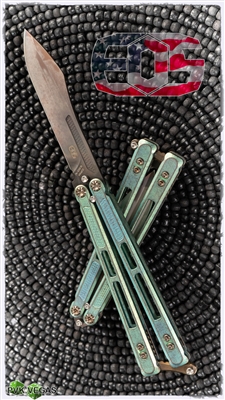 EOS Balisong Trident PVK Exclusive Volcan Blade and Antiqued Green Titanium Handles Custom Bronze Anodized Accents