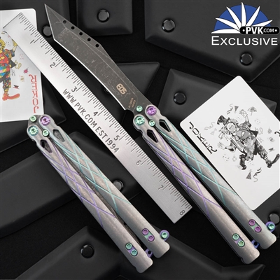 EOS Balisong Villain PVK Exclusive Recurve Tanto, Stonewash Titanium, Joker HW