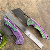 EOS Mini Nautilus Cleaver Darkwash Blade, Green Ano Ti Insert, Purple Ti Frame W/ Green Anodized Accents "Joker"