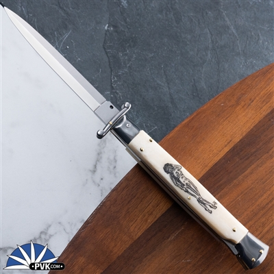 Custom Scrimshaw Engraved Frank B 11" Italian Swinguard Dagger Blade, White Bone (28CM) Pin Up Girl