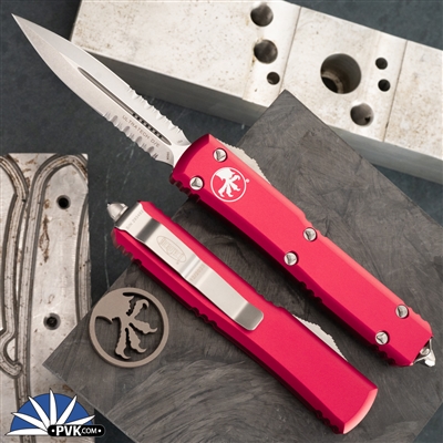 Microtech Ultratech 122-11RD Double Edge Stonewash Partial Serrated Blade, Red Handle