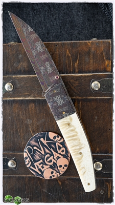 Johan Gustafsson OX Bone inlays Hot Blued Damascus Blade & Bolsters Titanium Liners