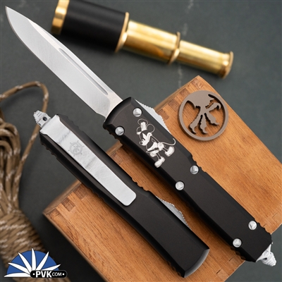 Microtech Ultratech 121-1SB Single Edge Dirty White Blade, Black Handle Steamboat Willie