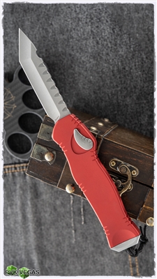Heretic Knives Hydra Red OTF Stonewash Tanto Edge Silver  Hardware H006-2A-RED
