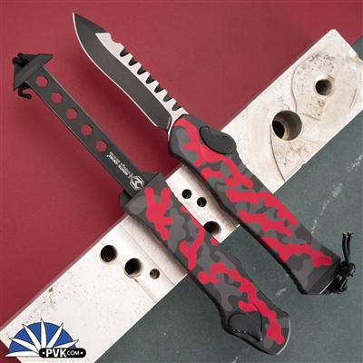 Heretic Knives Hydra H008-10A-RCAMO Recurve Two Tone Magnacut Blade, Red Camo Aluminum Handle