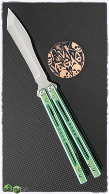 Heibel Knives Custom Balisong #164 Recurve Tanto V4 Blade Green Anodized Titanium Handles