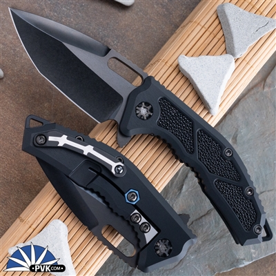 Heretic Knives Custom Medusa V3 Prototype, Tanto Stonewash DLC Blade, Black Aluminum Handle W/ Stingray Leather Inlays, DLC HW