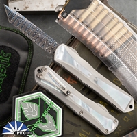 Heretic Knives Custom Manticore-X Tanto Blue Damascus Blade SS Handle Mother Of Pearl  Inlay