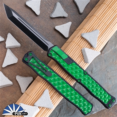 Heretic Knives Cleric II DLC Tanto, Black Handle W/ Toxic Green Stainless Inlay & HW