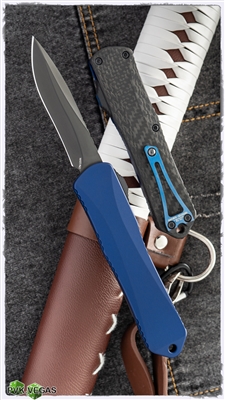 Heretic Knives Manticore-E DLC Recurve Blue Handle Carbon Fiber Back Cover Black HW Two Tone Blue Ano Clip & Button