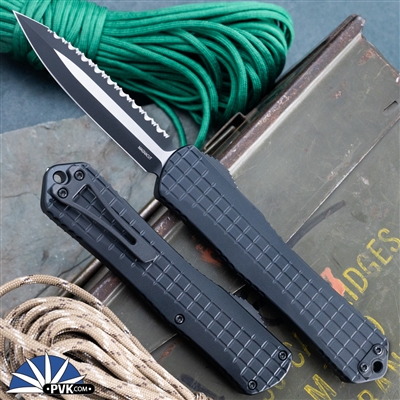 Heretic Knives Manticore-X Magnacut Double Edge Two Tone Full Serrated Blade, Black Frag Handle Tactical