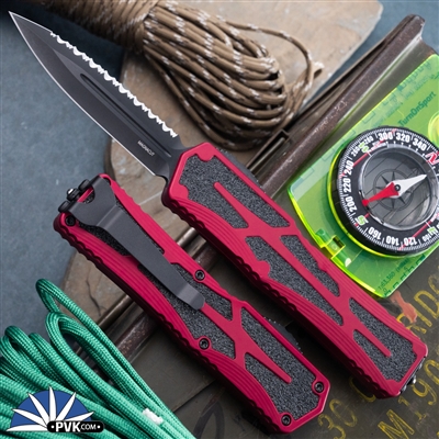 Heretic Knives Colossus Magnacut DLC Double Edge Full Serrated, Red Handle