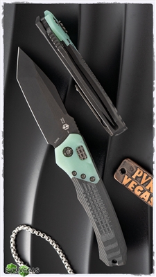 Heretic Knives Wraith Auto Two Tone DLC Tanto Unidirectional Carbon Fiber Handles Emerald G10 Bolster & DLC HW