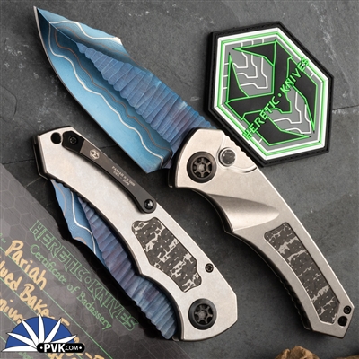 Heretic Knives Pariah Auto Hand Blued Baker Forge Elite AuroraMai Damascus, Titanium w/ Fat Carbon Snakeskin Inlay DLC HW