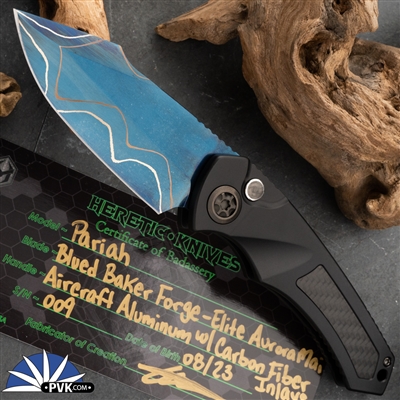 Heretic Knives Pariah Auto Blued Baker Forge Elite AuroraMai Damascus, Aluminum w/ Carbon Fiber Inlay DLC HW