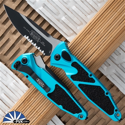 Microtech Socom Elite Auto 160A-2TQ Single Edge Black Partial Serrated Blade, Turquoise Handle