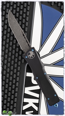 Microtech Troodon S/E Damascus Blade Black Handle Blue Ti HW SN039