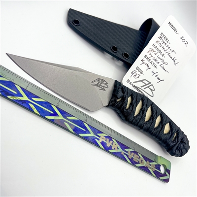 Aaron Bieber 302 Fixed Blade, Blasted Magnacut, Rayskin, Cord Wrapped