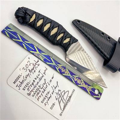 John Gray X Aaron Bieber 302 Fixed Blade, Progressive Chisel Grind Magnacut, Rayskin, Cord Wrapped