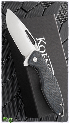 Koenig Knives Arius, Two-Tone M390 Steel Blade, Patterned Blue Carbon Fiber/Patterned Titanium Scales