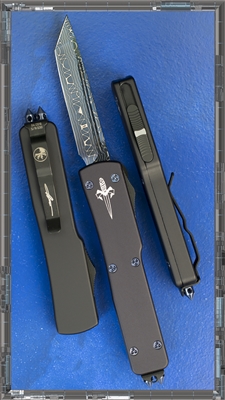 Marfione Custom UTX-70 Blued Damascus Blade Blue Titanium Hardware SN003