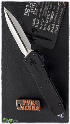 Marfione Custom Scarab II Double Edge Mirror Polish Blade Dagger Relief  w/ Blue Ti Hardware