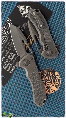 Marfione Custom Protocol Wharncliffe Folder Flipper Satin Finish Double Vapor Silver Carbon Fiber Scales Satin Finish Hardware Blue Ti Back Spacer