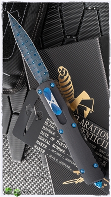 Marfione Custom Dirac Delta Sharktooth Blue Cabron Damascus W/ Ringed Blue Hardware